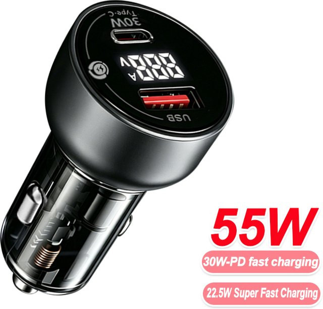 Kebidumei USB-Autoladegerät mit 2 Ports und Digitalanzeige, 55W Schnellladeadapter mit PD 30W, Schwarz - Bild 1