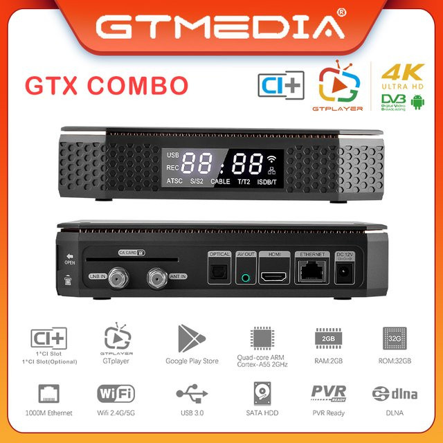 GTMEDIA GTX Combo TV-Box Android 9 Decoder mit DVB-S2/T2/C2, 2GB RAM, 32GB Speicher, 4K/8K Unterstützung, CA-Kartensteckplatz, CI+ 1.4, SATA-HDD und Bluetooth 4.1 in Schwarz - Bild 1