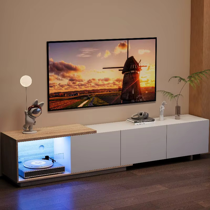Rosahqnda Ausziehbarer TV-Ständer mit LED-Beleuchtung, 3 Schubladen und offenen Regalen, Weiß-Schwarz - Bild 3