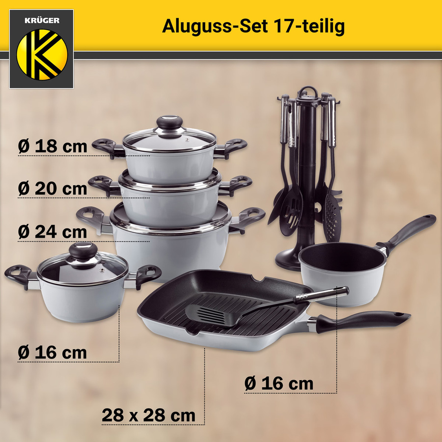Krüger Aluguss-Topfset, 17-teilig, Grau, mit Antihaftbeschichtung - Bild 2