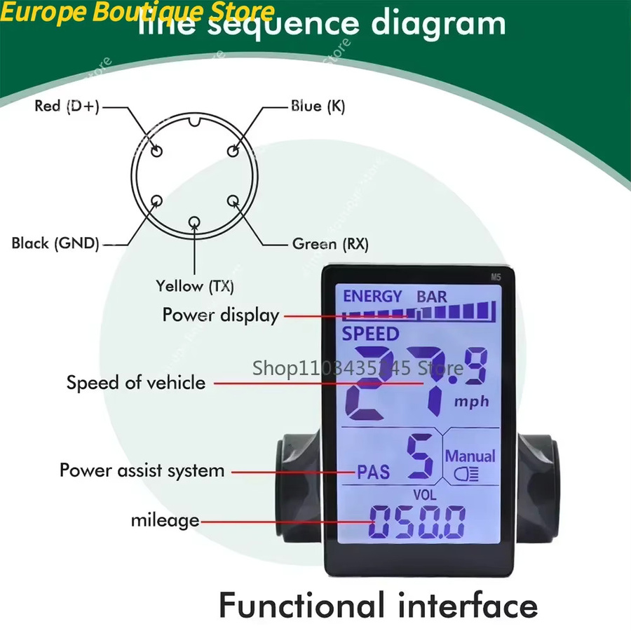 OUXI V8 LCD-Armaturenbrett-Display für Elektrofahrräder und Roller, 24V-60V 500W, Schwarz - Bild 4
