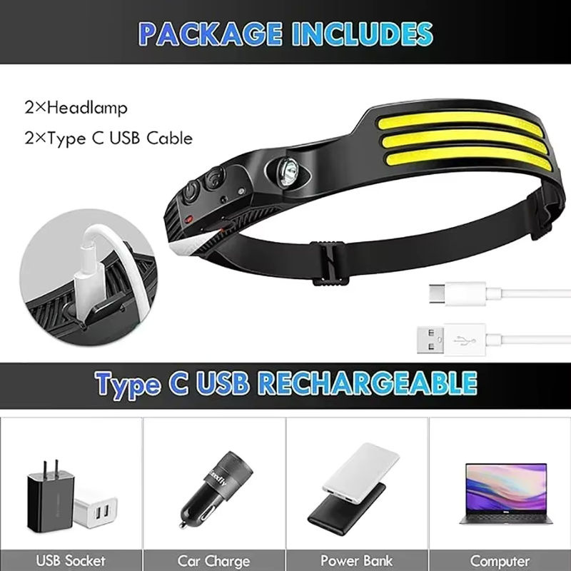 NEWBIRTH COB LED Induktions-Scheinwerfer mit USB-Akku, aufladbare Stirnlampe in Schwarz für Outdoor, Camping und Angeln - Bild 4