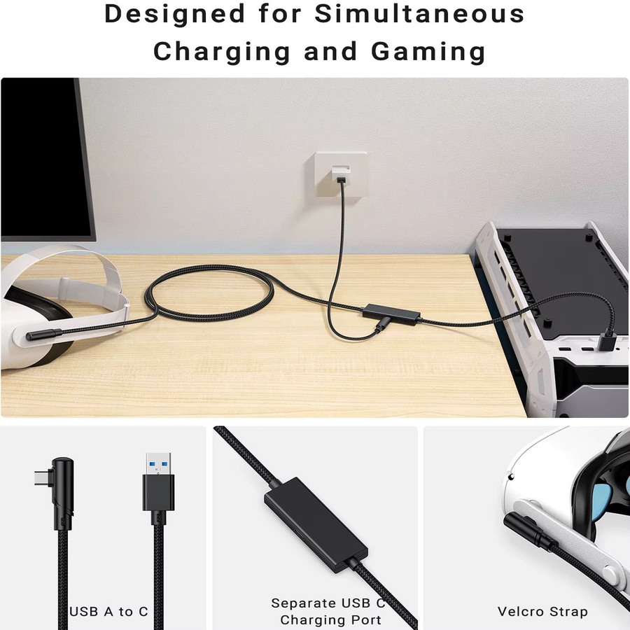 Meta USB-C Verbindungskabel mit Ladeanschluss für Meta Quest 3, Quest 3s und Quest 2, 2,5 Gbs Datenkabel für PC Steam VR, Schwarz - Bild 2