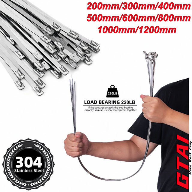 GTAI 50 Stück Metall-Kabelbinder aus 304 Edelstahl, selbstverriegelnd für Auspuffummantelung, Drahtzaunrollen und Rohre - Bild 1