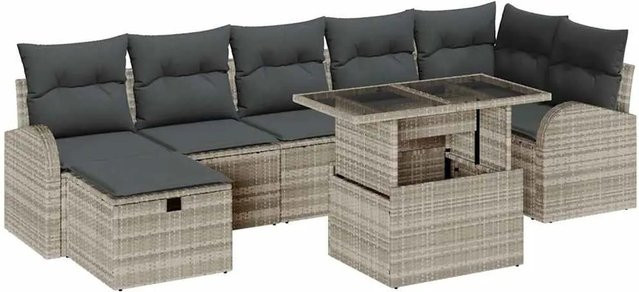 vidaXL Garten-Sofa-Set aus Polyrattan in Hellgrau, 8-teiliges L-Shape Lounge-Set mit Kissen, Ottomane und Couchtisch - Bild 1
