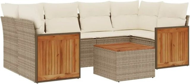 vidaXL 7-tlg. Garten-Sofagarnitur in L-Form aus Poly-Rattan und Akazienholz mit Kissen in Beige-Creme - Bild 1