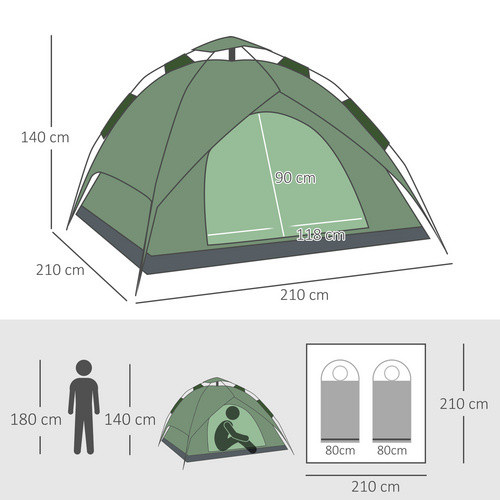 Outsunny Quick-Up-Campingzelt für 2 Erwachsene und 1 Kind, wasserdicht, 4 Jahreszeiten, Dunkelgrün, B/T/H: 210 x 210 x 140 cm - Bild 6