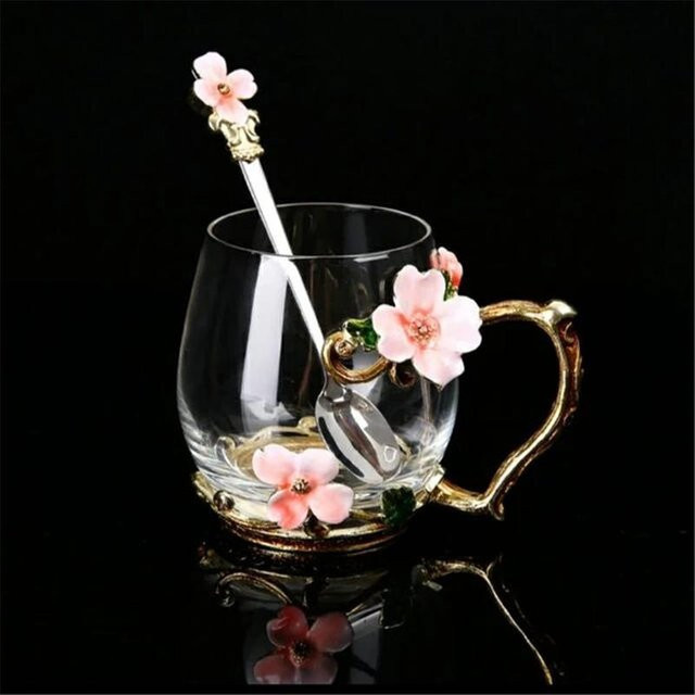 Handgemachte Emaille-Kaffeetasse von AMEKAN mit floralem Design, transparentes Trinkgeschirr für Milch, Zitrone oder Tee, Volumen: 301-400 ml - Bild 1