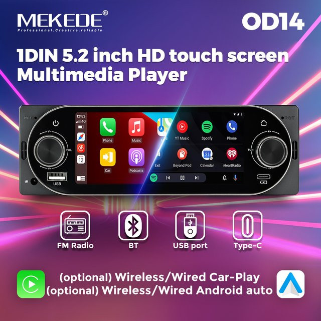 MEKEDE 1Din Multimedia Autoradio MP5 Player mit Carplay und Android Auto, Universal Stereo mit USB Typ-C Port, Schwarz - Bild 1