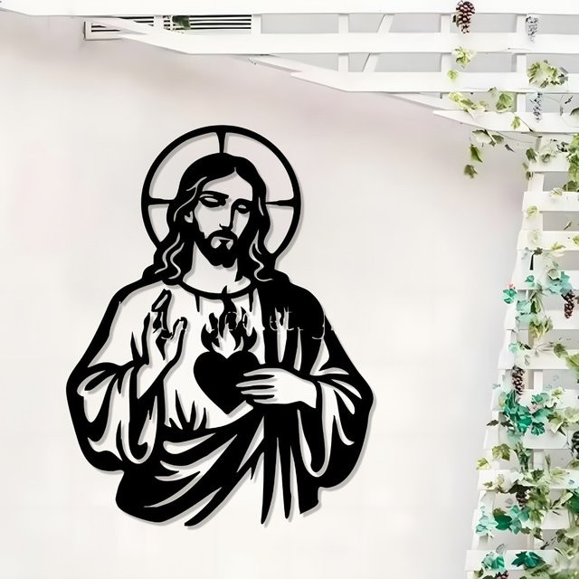 CIFBUY Religiöse Wandkunst aus Metall mit Heiligem Herz Jesus in Schwarz - Bild 1
