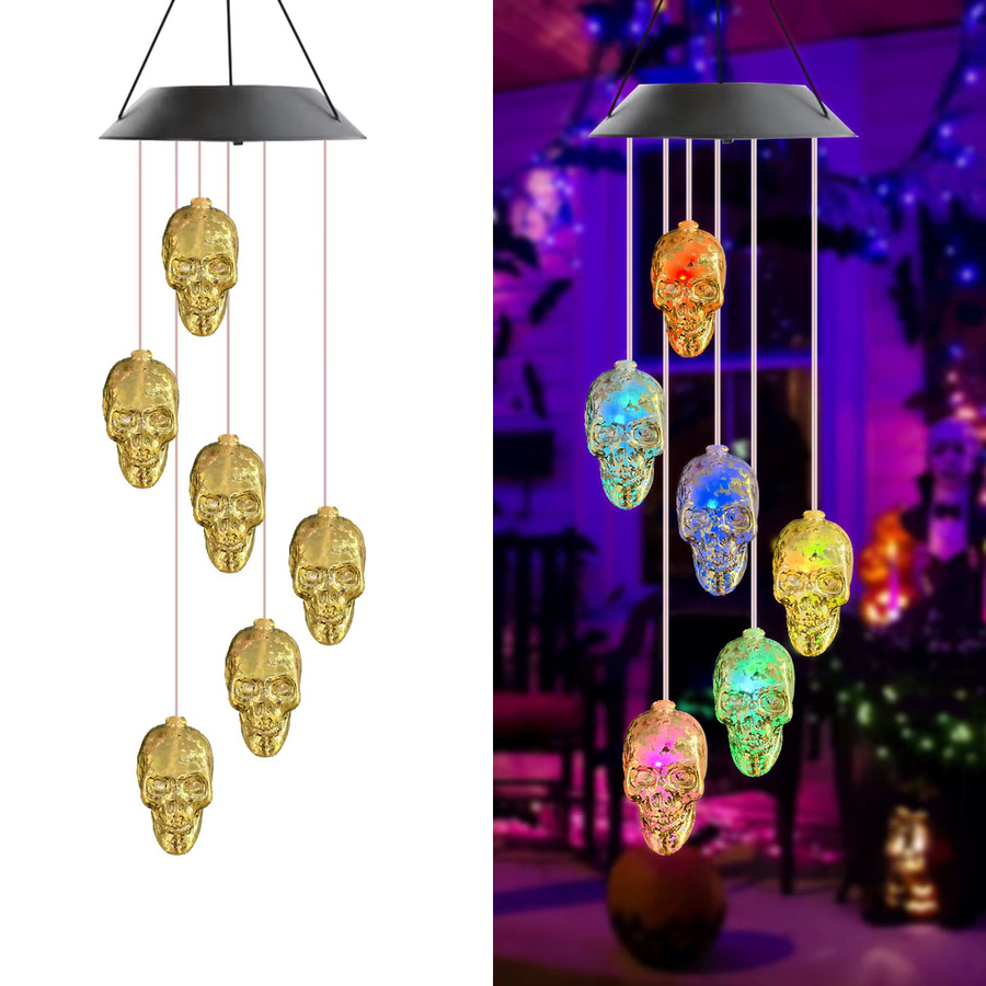 Peach Forest Solar Windspiel Halloween Goldener Schädel mit RGB LED Farbwechsel und Wasserdichtem Design für den Garten - Bild 3