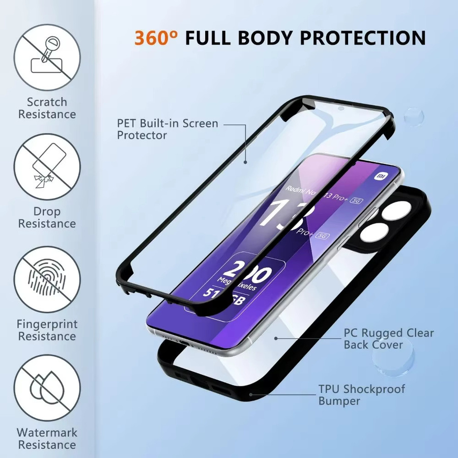 360 Full Body Schutzhülle für Xiaomi Redmi Note 14, 13, 12 Pro Plus 5G, Redmi 13 5G und A5 4G in Schwarz - Bild 3