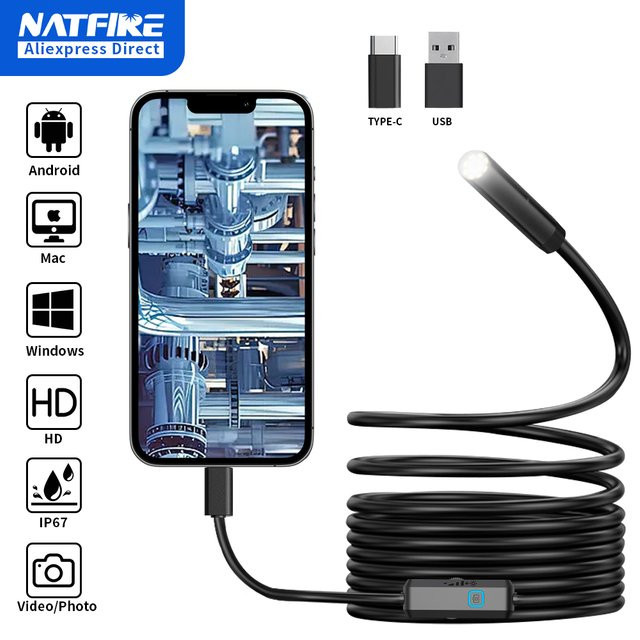 NATFIRE Endoskopkamera Typ C in Schwarz, 7,0 mm flexible Inspektionskamera mit 6 LEDs, IP67 wasserdicht, USB-C Anschluss für Android und PC - Bild 1
