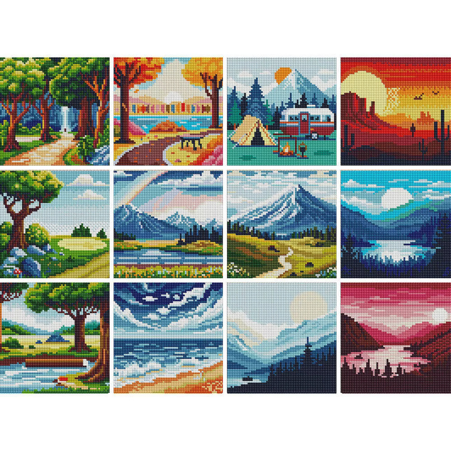 Huacan 12er Set Landschaft Mini Diamantmalerei mit 5D runden Mosaiksteinen im Sonnenuntergang und Meer Design in Multicolour - Bild 6