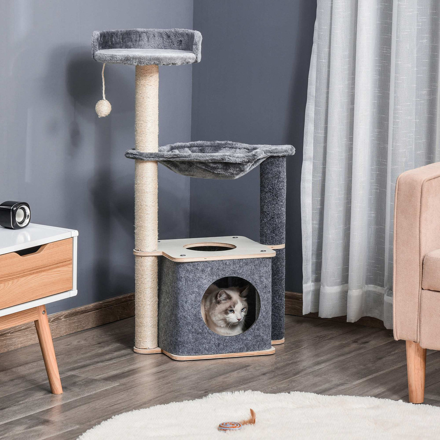 PawHut Kratzbaum für Katzen in Grau mit Höhle, Hängematte, Spielball und Sisalseilen, B/T/H: 48 x 34 x 95 cm - Bild 2