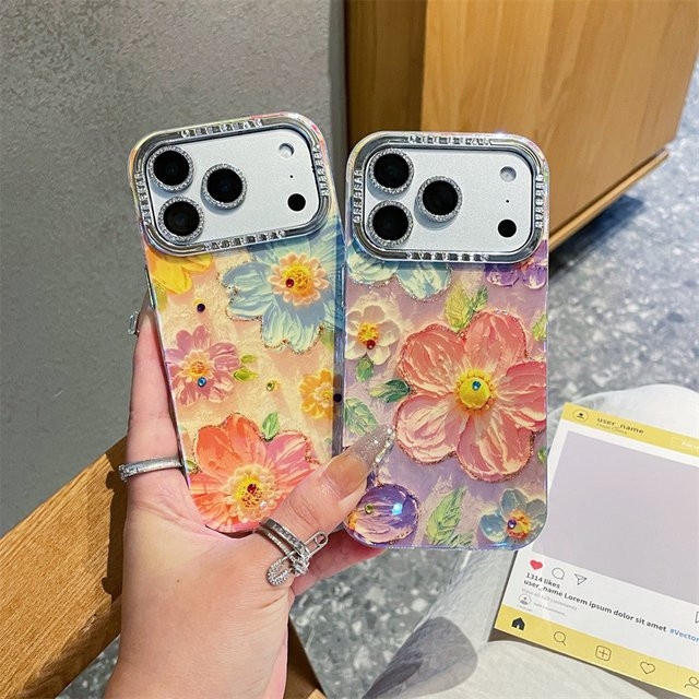 MUQGEW Luxus Ölgemälde Blumen Handyhülle mit Glitter und Stoßfestem Objektivschutz für iPhone 11 bis iPhone 17 Pro Max, Multicolour - Bild 1