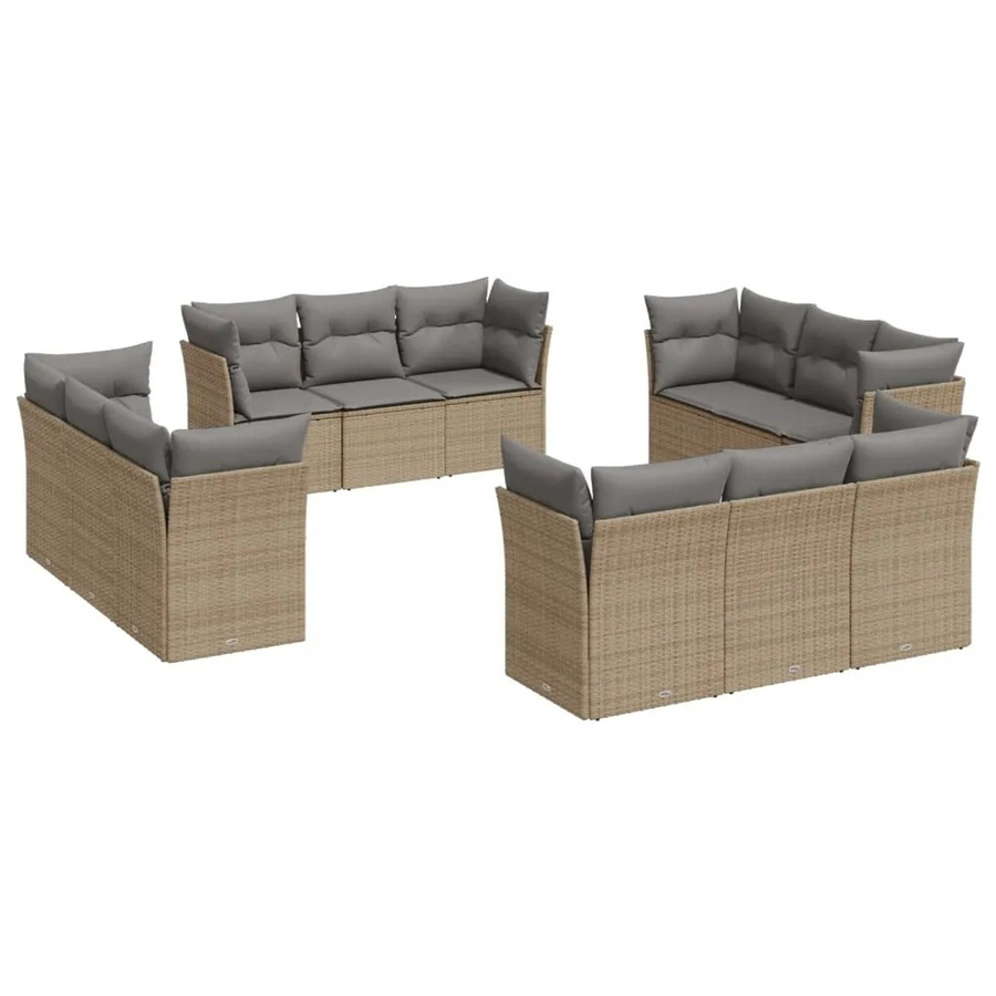 vidaXL 12-tlg. Garten-Sofagarnitur in L-Form aus Poly-Rattan mit Kissen in Beige und Grau - Bild 2