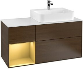 Villeroy & Boch Finion Waschtischunterschrank mit Abdeckplatte aus Glas, Walnut Veneer, Gold matt, Breite: 120 cm, Höhe: 50,1 cm, Tiefe: 50,1 cm - Bild 1