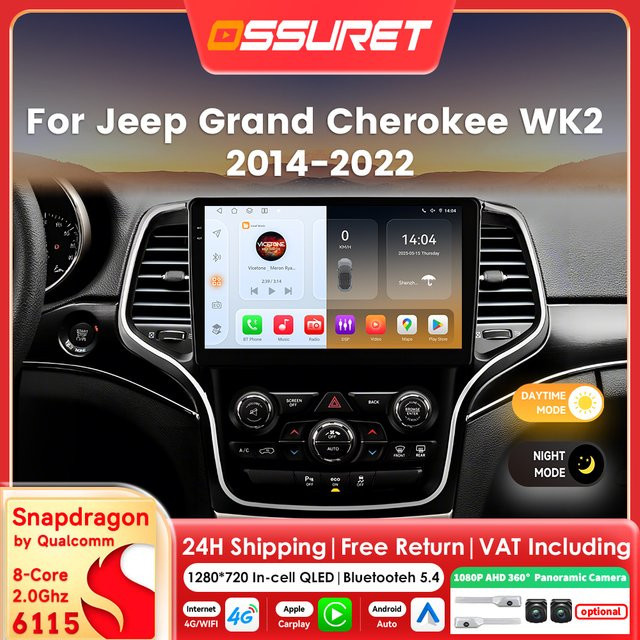 OSSURET Android 14 Autoradio mit 10,1 Zoll Display und Snapdragon 8-Core Prozessor für Jeep Grand Cherokee WK2 2014-2022, CarPlay, Schwarz - Bild 1