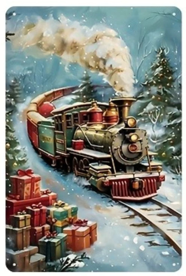 HELLOYOUNG Vintage Weihnachts-Blechschild-Set aus Metall in Multicolour mit Weihnachtsmann, Zug und Schneeszene, B/H: 30 x 20 cm - Bild 1