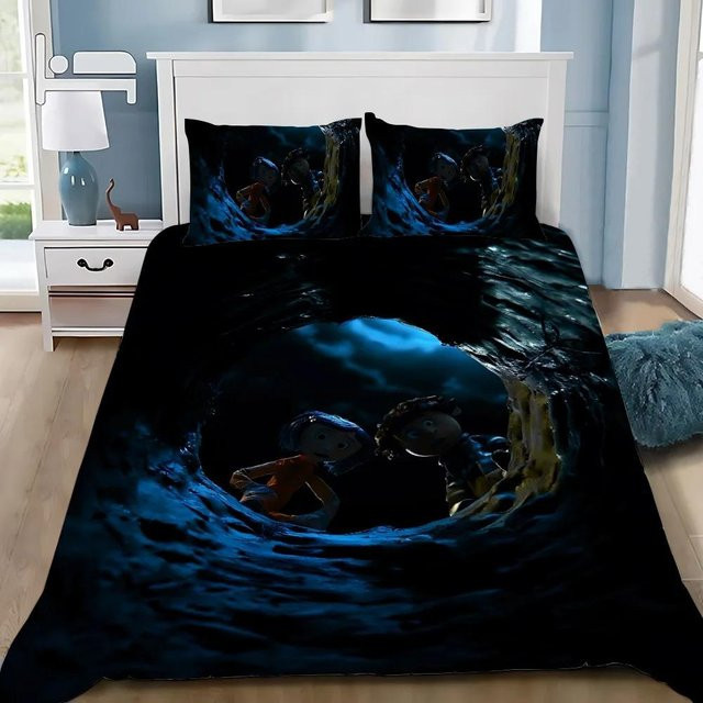 Bettwäscheset mit Coraline Motiv für Kinder und Jugendliche, blaues Microfaser-Bettwäscheset bestehend aus Bettbezug und Kissenbezug, B/H: 220 x 240 cm - Bild 1