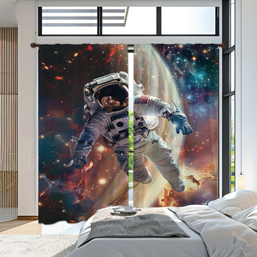 2er-Set Yiran Furniture Vorhänge mit Astronaut Weltraumlandschaft Motiv, halbtransparent, Polyester, Mehrfarbig, Breite: 100 cm, Höhe: 130 cm - Bild 3