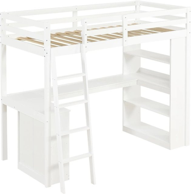 okwish Hochbett für Kinderzimmer in Weiß mit Ablageregal und Sicherheitsgeländer, B/T/H: 205 x 90 x 139 cm - Bild 1