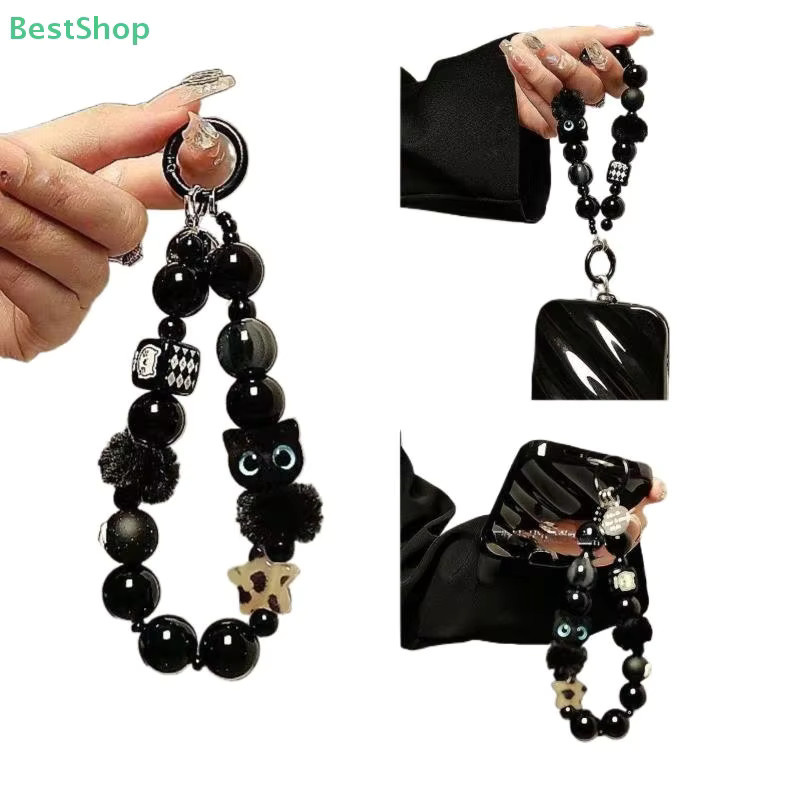 JETTING Handyband Niche Schwarz Plüsch Katze mit Perlen Handkette als Schlüsselanhänger und Taschenanhänger - Bild 2