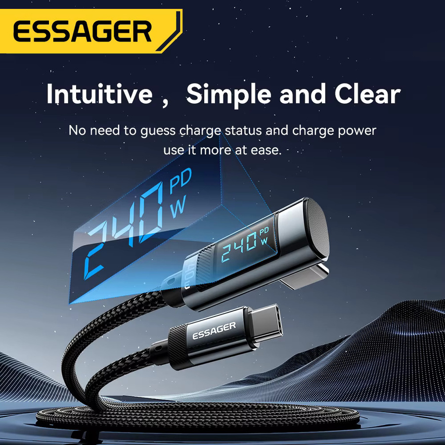 Essager 240W Typ-C-zu-Typ-C-Schnellladekabel mit 90-Grad-Winkel und Digitalanzeige für iPhone, MacBook Pro und Xiaomi, USB-C Kabel in Schwarz oder Grau - Bild 2