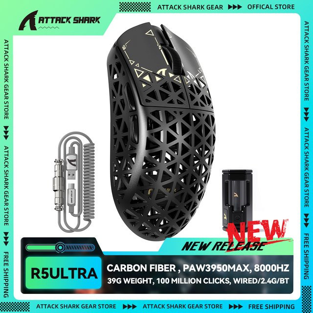 ATTACK SHARK R5Ultra Carbon Fiber Wireless Gaming-Maus mit PAW3950MAX Sensor und 8K-Spiralkabel in Schwarz-Rot - Bild 1
