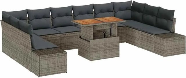vidaXL Garten-Sofa-Set in U-Form mit 11 Teilen, Grau und Braun, inklusive Kissen und Couchtisch - Bild 1