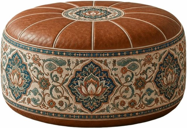 Boho-Hocker Pouffe aus braunem PU-Leder mit abstraktem Muster als Aufbewahrungsbank für dein Schlafzimmer, Höhe: 35 cm - Bild 1