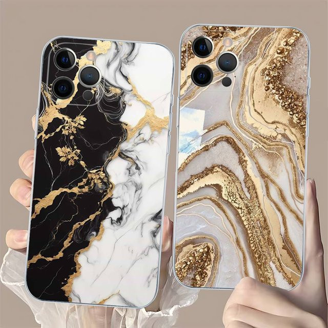 Stoßfeste Silikon Hülle im Marmor Design in Schwarz-Gold für dein Apple iPhone 11 bis 16 Pro Max mit transparenter Rückseite - Bild 1