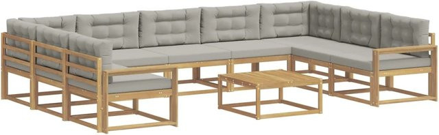 vidaXL Outdoor-Sofagarnitur in U-Form aus Akazienholz mit 10 Kissen in Weiß und Hellgrau - Bild 1