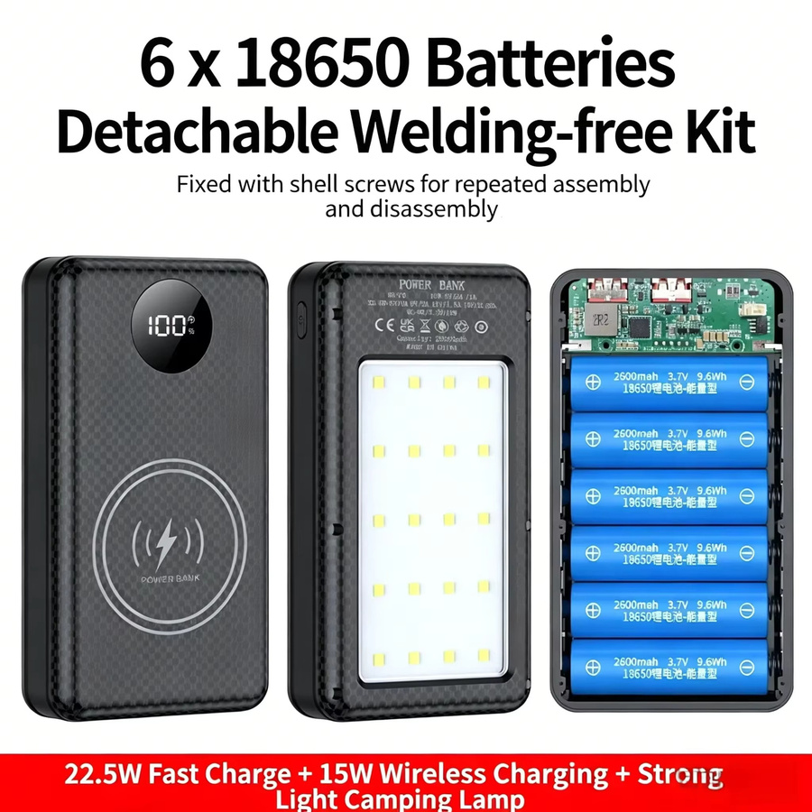 KEBIDUMEI 18650 Powerbank mit 22,5W+15W Schnellladegerät, Dual USB und USB-C, schwarze Ladehülle mit Campinglicht für dein Telefon - Bild 2