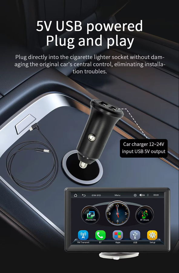 BQCC Tragbares Universelles Autoradio mit 7 Zoll Touchscreen, Bluetooth, FM, kabelloses CarPlay und Android Auto, Schwarz - Bild 3