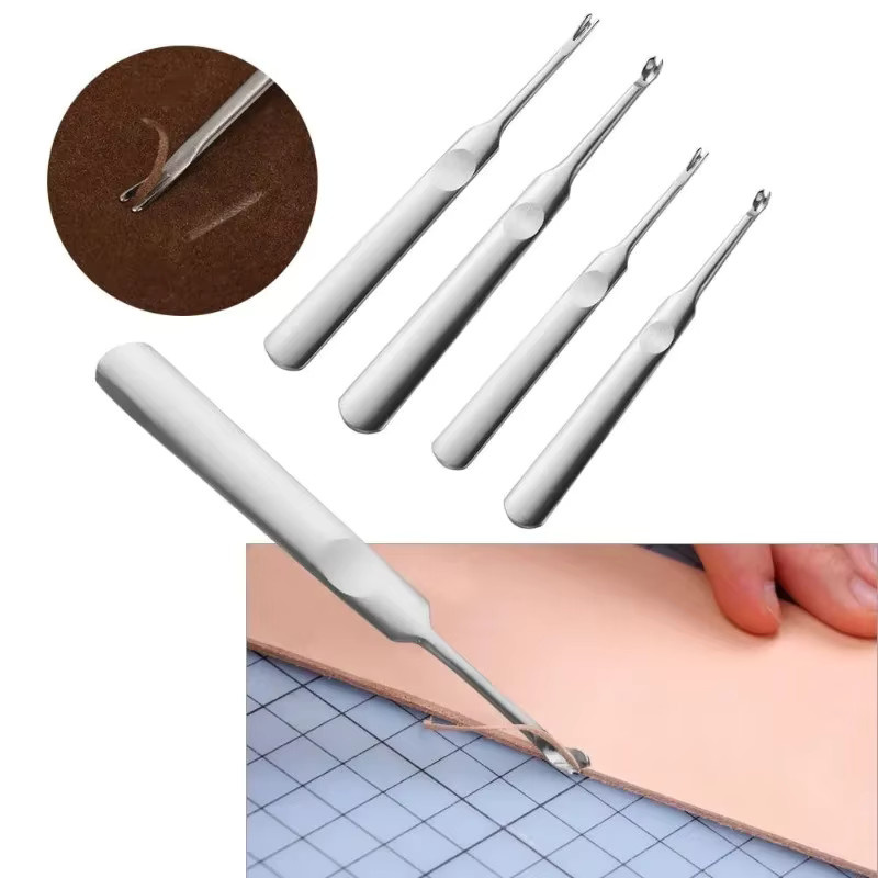 4-teiliges Lederhandwerk-Werkzeugset mit U- und V-förmigen Nähte-Schäften und Kantenschräger in Silber - Bild 2