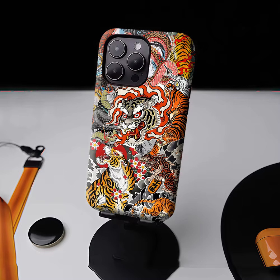 Potdemiel Magnetische Handyhülle mit Japanischer Tiger- & Drachen-Collage für iPhone 17 16 15 14 13 Pro Max Plus, Mehrfarbig, Robuste Einzel- & Doppelschicht-Hülle - Bild 4