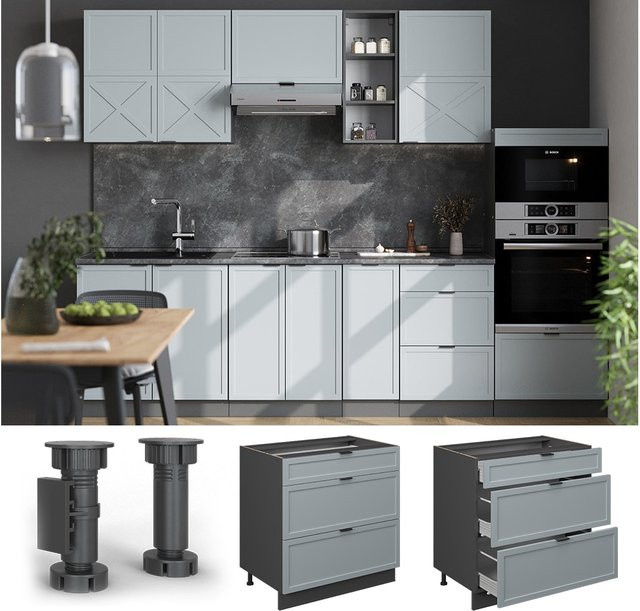 Vicco Küchenunterschrank Fame-Line mit Schubladen und Arbeitsplatte, Anthrazit und Hellblau-Grau, Breite: 80 cm, Höhe: 82 cm, Tiefe: 60 cm - Bild 1