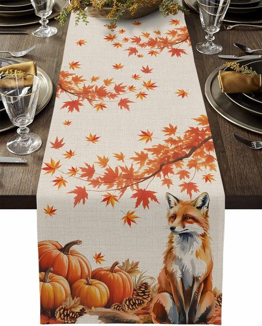 Beau Maison Tischläufer aus Leinen mit Herbst-Motiv Kürbis und Ahornblättern, Farbe: Braun/Beige, B/L: 33 x 150 cm - Bild 1