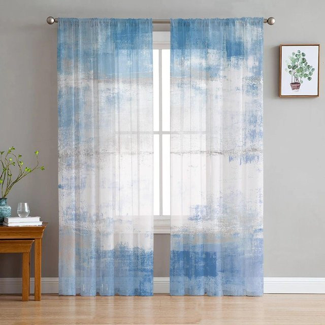 Transparenter Voile Tüll Vorhang mit abstraktem Ölgemälde-Design von A Family Of Home Textiles in Rosa und Blau, Breite: 135 cm, Höhe: 114 cm - Bild 1