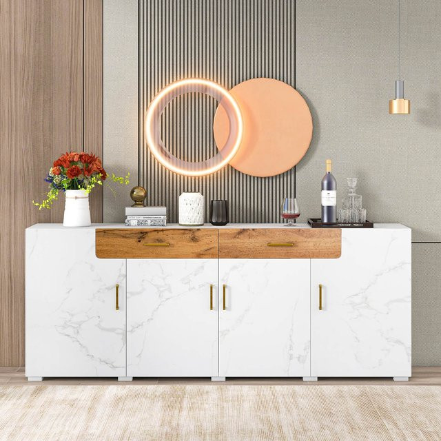 Aosom Sideboard in Weiß mit 4 Türen und 2 Schubladen für Küche und Wohnzimmer, B/T/H: 208 x 39,5 x 80 cm - Bild 1