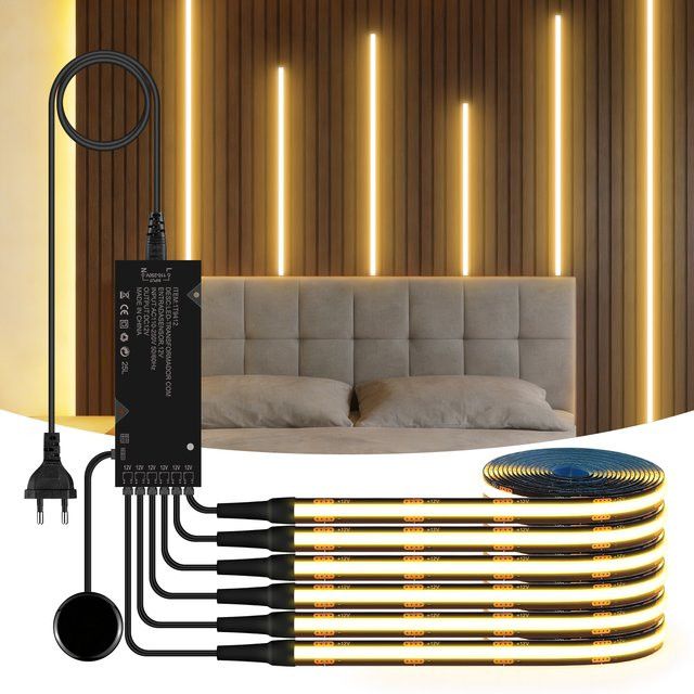 Rybakov LED Akustik Wandpanel Dekor Set mit COB LED Streifen und stufenlosem Touch Dimmer in Schwarz mit Warm White Licht - Bild 1