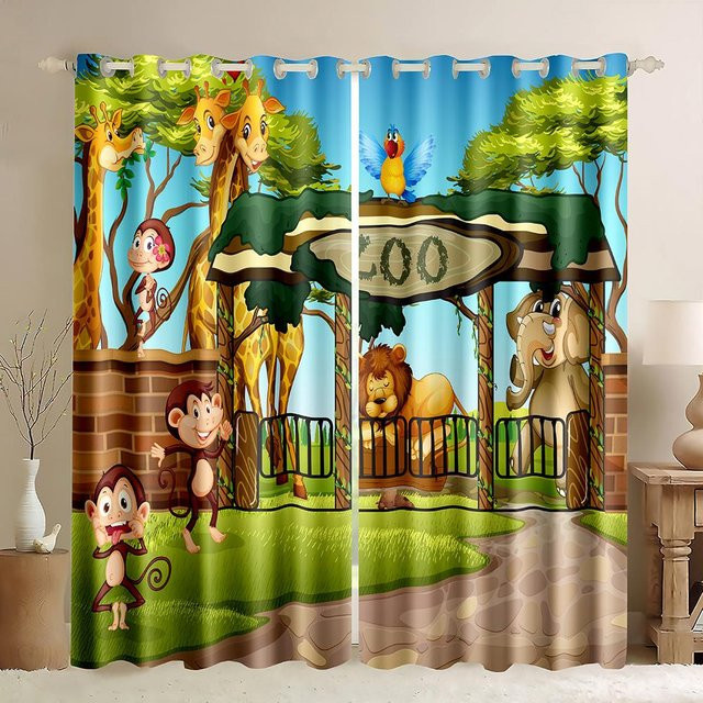A Family Of Home Textiles Dünne Vorhänge mit Zoo Tier Cartoon Motiv für Kinderzimmer und Kindergarten, Mehrfarbig, B: 50 cm, H: 130 cm, 2er Set - Bild 1