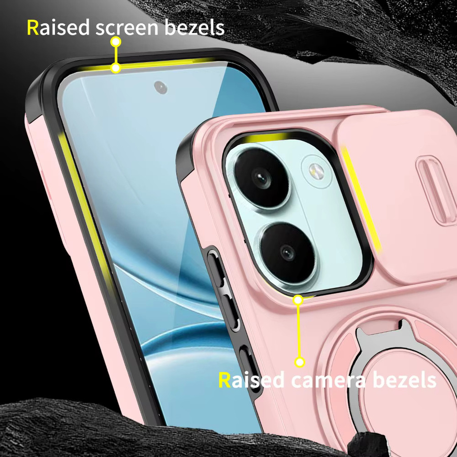 Xiaomi Redmi 15C Handyhülle mit Schiebe-Kameraabdeckung, Ringhalter und magnetischer Autohalterung in Pink - Bild 3