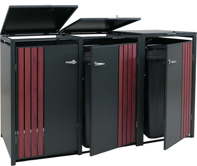 MCW 3er-Mülltonnenverkleidung O67 Mülltonnenbox mit Deckel aus Metall in Anthrazit Holzoptik Dunkel, B/T/H: 200 x 122 x 84 cm - Bild 1
