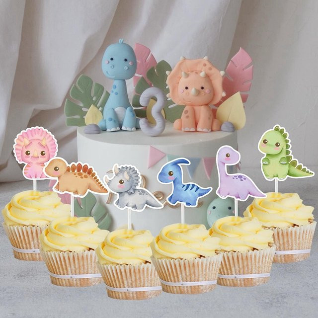 Dinosaurier Cupcake Topper Set aus Papier für Kinder Geburtstag und Party Dekoration in Mehrfarbig - Bild 1