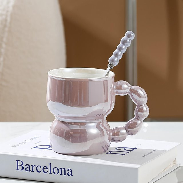 Yiran Furniture Keramiktasse mit Löffel in Bunt und Pink, Nordisches Perlen-Design, 300 ml - Bild 1