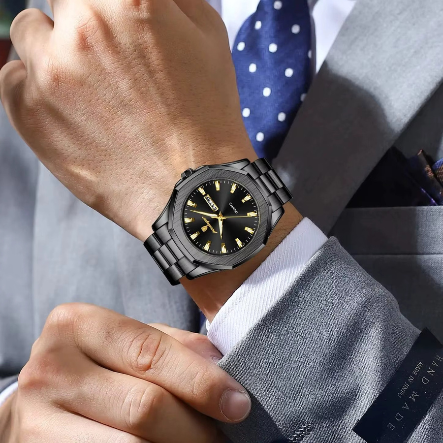 POEDAGAR Armbanduhr Quarz, Edelstahl, Schwarz, Silber, Herren - Bild 5