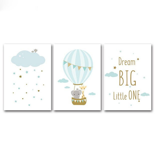 TPFLiving Poster Leinwand Dream big little one mit Heißluftballon, Elefant und Giraffe, Mehrfarbig, B: 40 cm, H: 60 cm - Bild 1